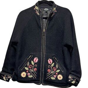 VTG Icelandic Design Nordic Boiled Wool Womens Small Embroidered Black Cardigan